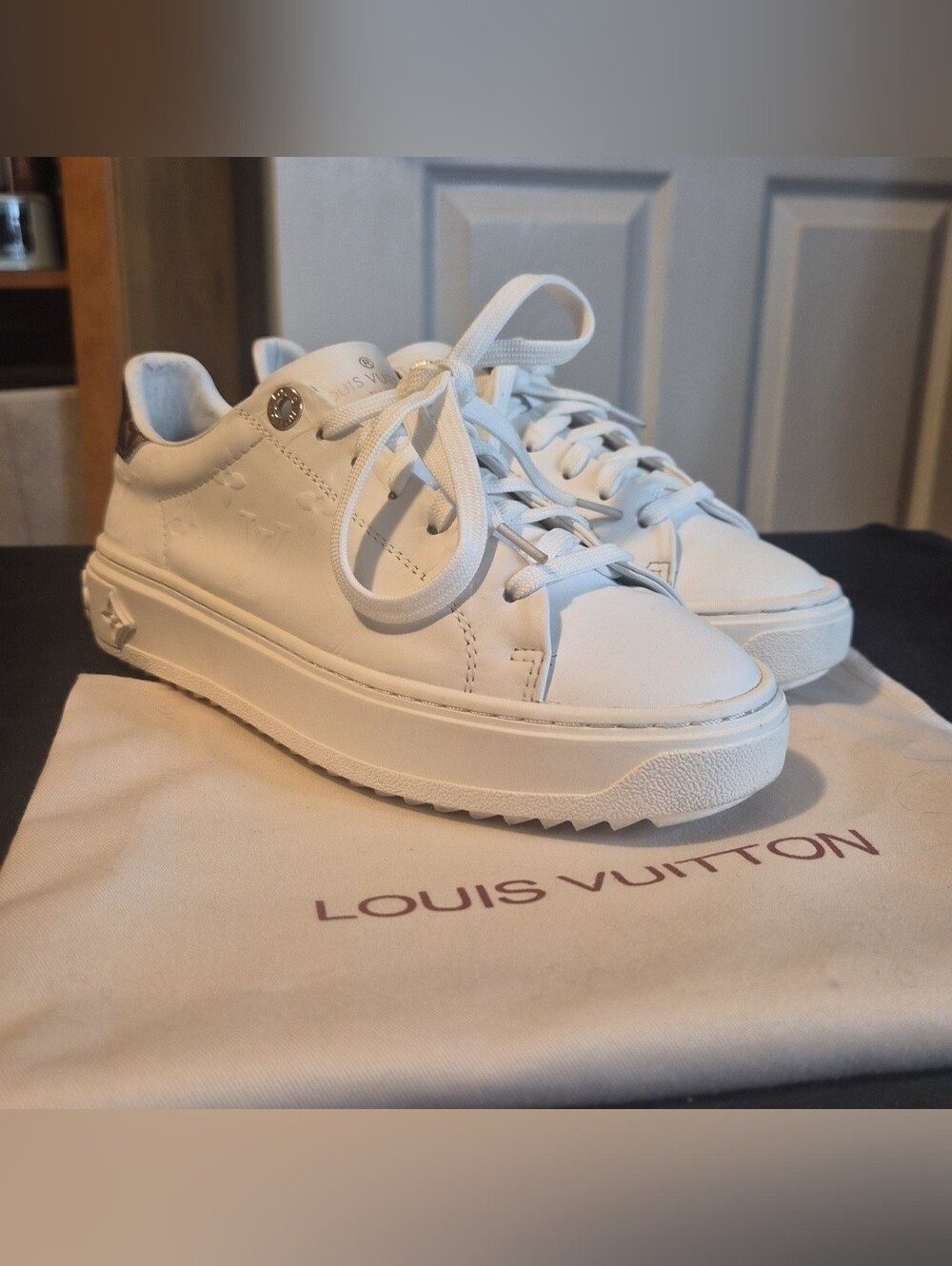 Women's Louis Vuitton Time Out "White Leather Embossed" Sneakers Sz. 7-8 (37-38)